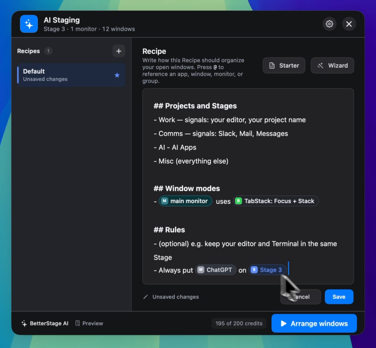 BetterStage 中可编辑的 AI Staging Recipe，可引用显示器、TabStack 布局与 Stage